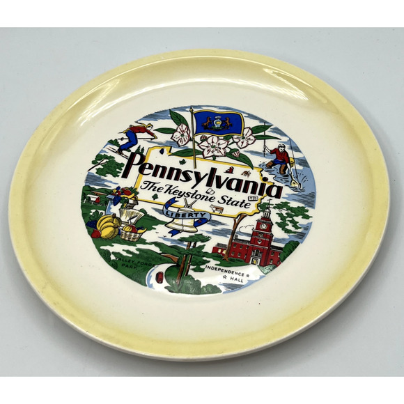 Vtg Pennsylvania Souvenir Map Plate The Keystone State Yellow Paden City Pottery - Picture 1 of 5